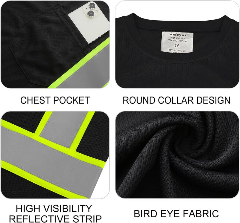 wefeyuv Store 3PCS-High Visibility Shirts Quick Dry Safety T Shirts with Pocket and 3 Reflective Strips Short Sleeve Mesh Hi Vis Construction Work Class 2 Shirt for Men/Women, Black 2XL - Image 5